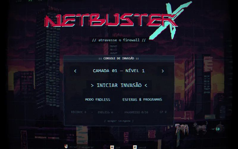 Tela inicial do NetbusterX, jogo cyberpunk de bolhas.
